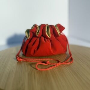 Vintage Red Velvet & Gold Satin Drawstring Pouch Bag For Jewelry Travel Evening